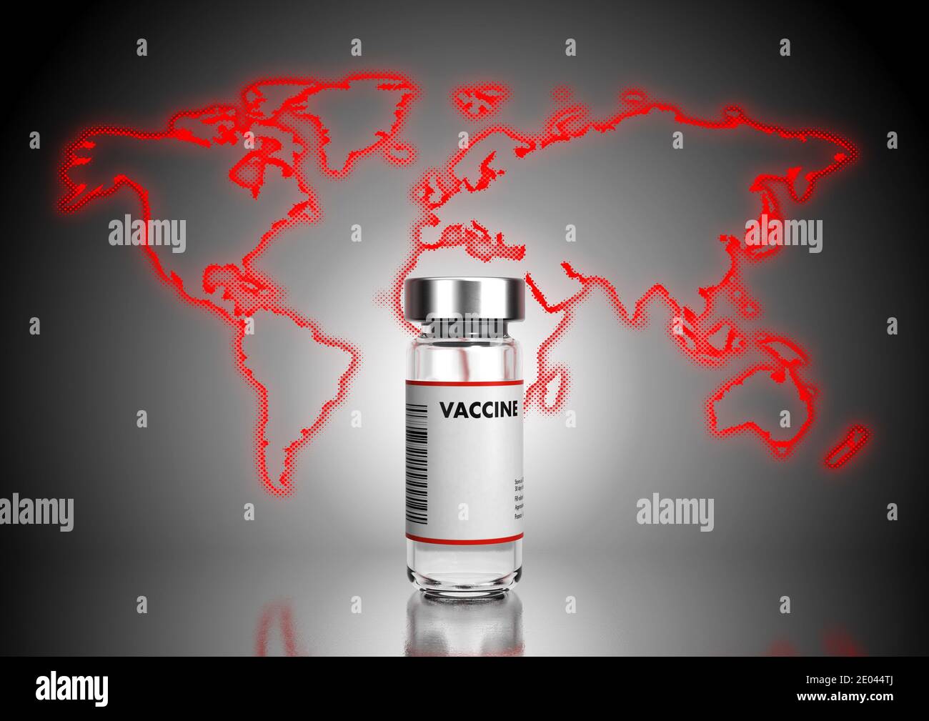 Eine Flasche eines Covid-19-Impfstoffs auf einer reflektierenden Oberfläche Mit dem Umriss der Welt in rot im Hintergrund: 3D-Rendering Stockfoto