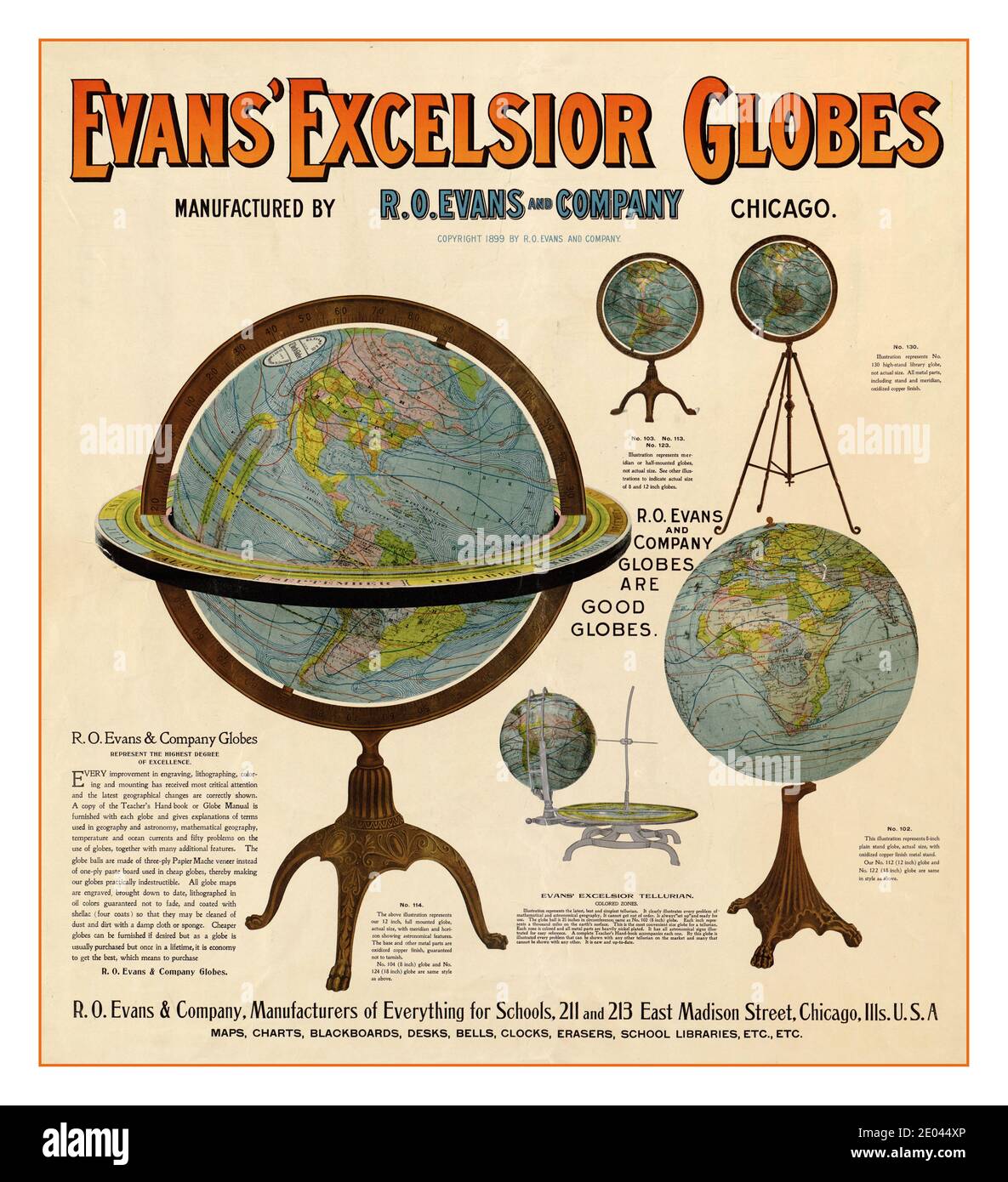 Vintage Werbeplakat für Globes 1890 Chicago : R. O. Evans, 1899. Globen Poster Evans' Excelsior Globen : hergestellt von R. O. Evans und Company. Werbeplakat für Globen, die Representions von 5 Globen Kartierung Umrundung Weltkarte hat Stockfoto