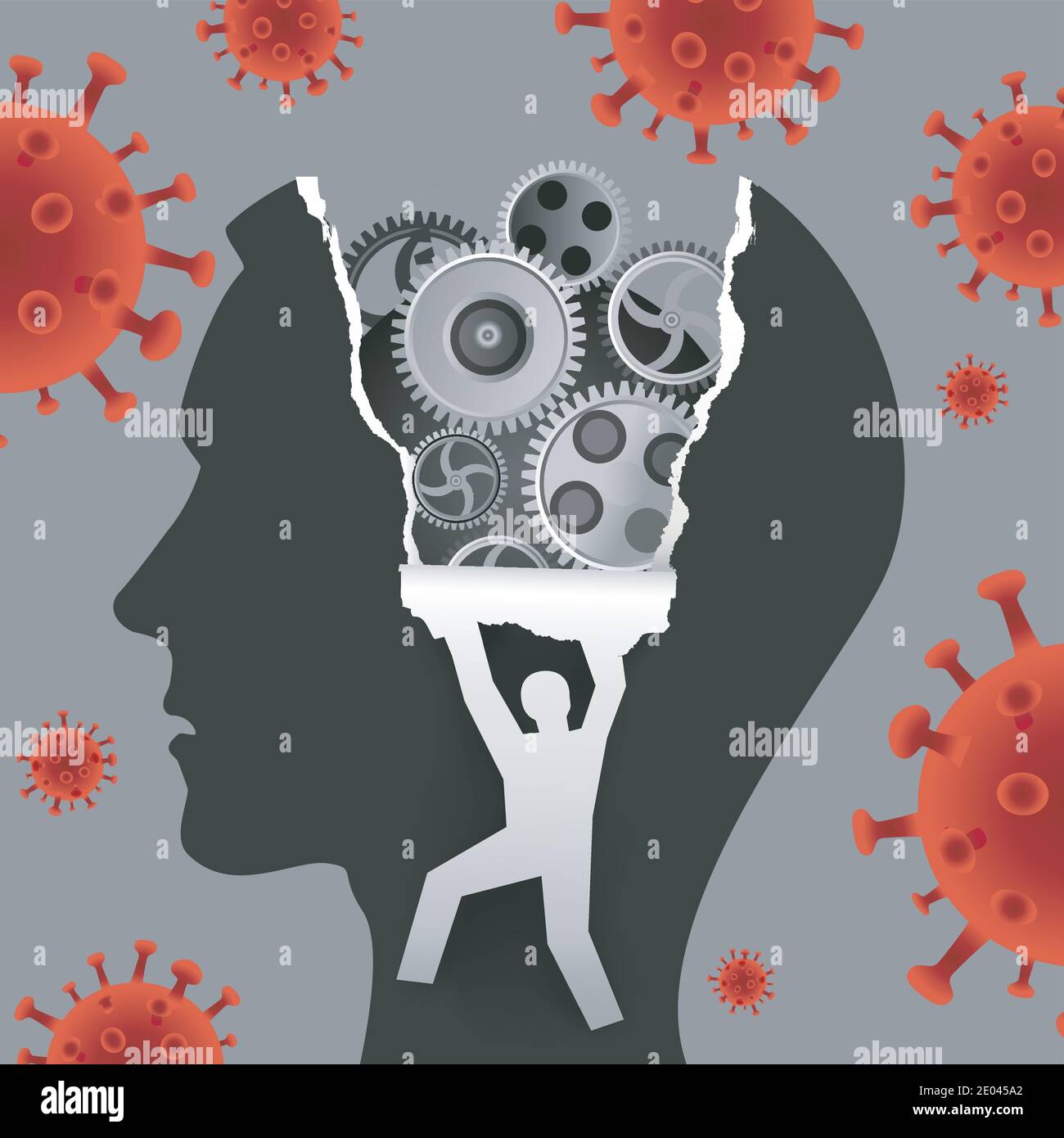 Psychologische Untersuchung, Depression während der Coronavirus-Pandemie. Männlicher Kopf im Profil mit Getriebe und männliche Silhouette ripping Papier Hintergrund. Stock Vektor