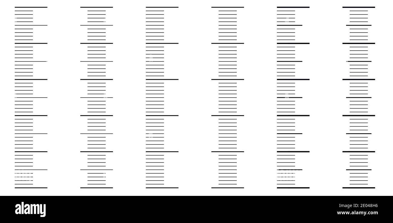 Stellen Sie eine nahtlose vertikale Skala für ein analoges Messgerät ein, Vektorvorlagen-Skalen in Millimetereinheiten, Zentimeter, mm, cm. Nahtloses Muster von vertikalen Skalen Stock Vektor