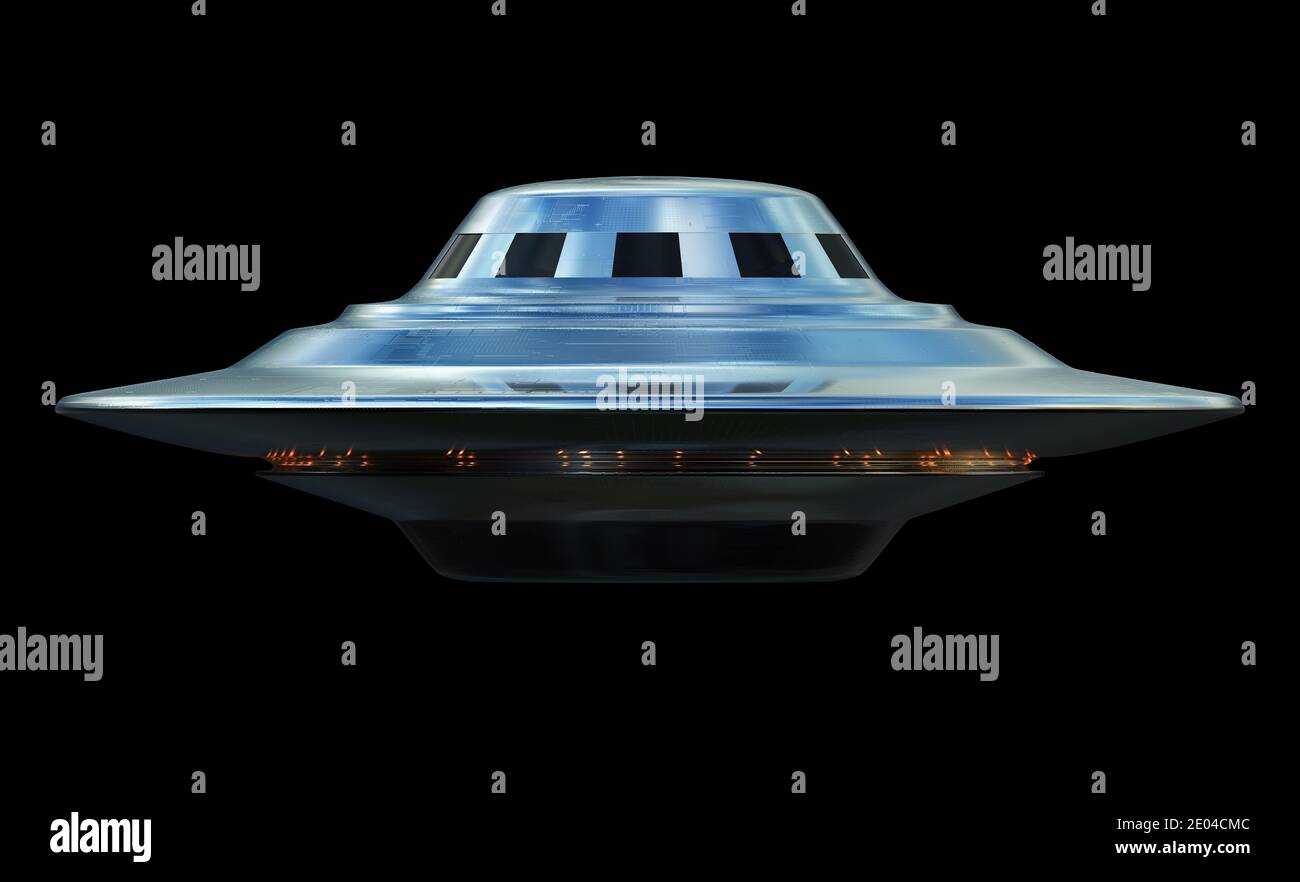 Nicht Identifiziertes Fliegendes Objekt. UFO über schwarz mit Beschneidungspfad enthalten. 3D-Illustration. Stockfoto