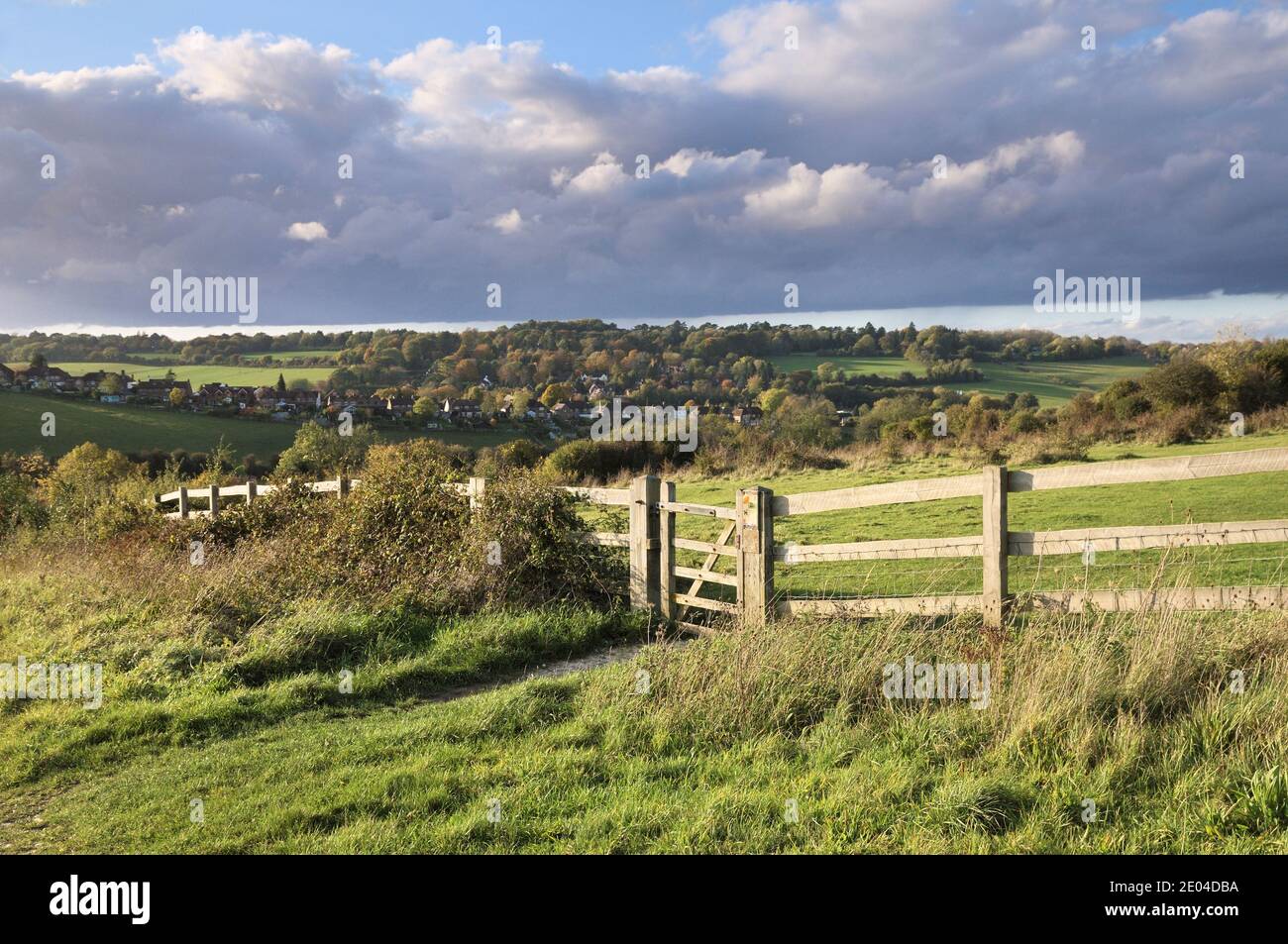 Tor und Zaun auf Farthing Downs, South London Downs National Nature Reserve, mit 121 Hektar Land an der Grenze zu Surrey und Croydon, Großbritannien Stockfoto