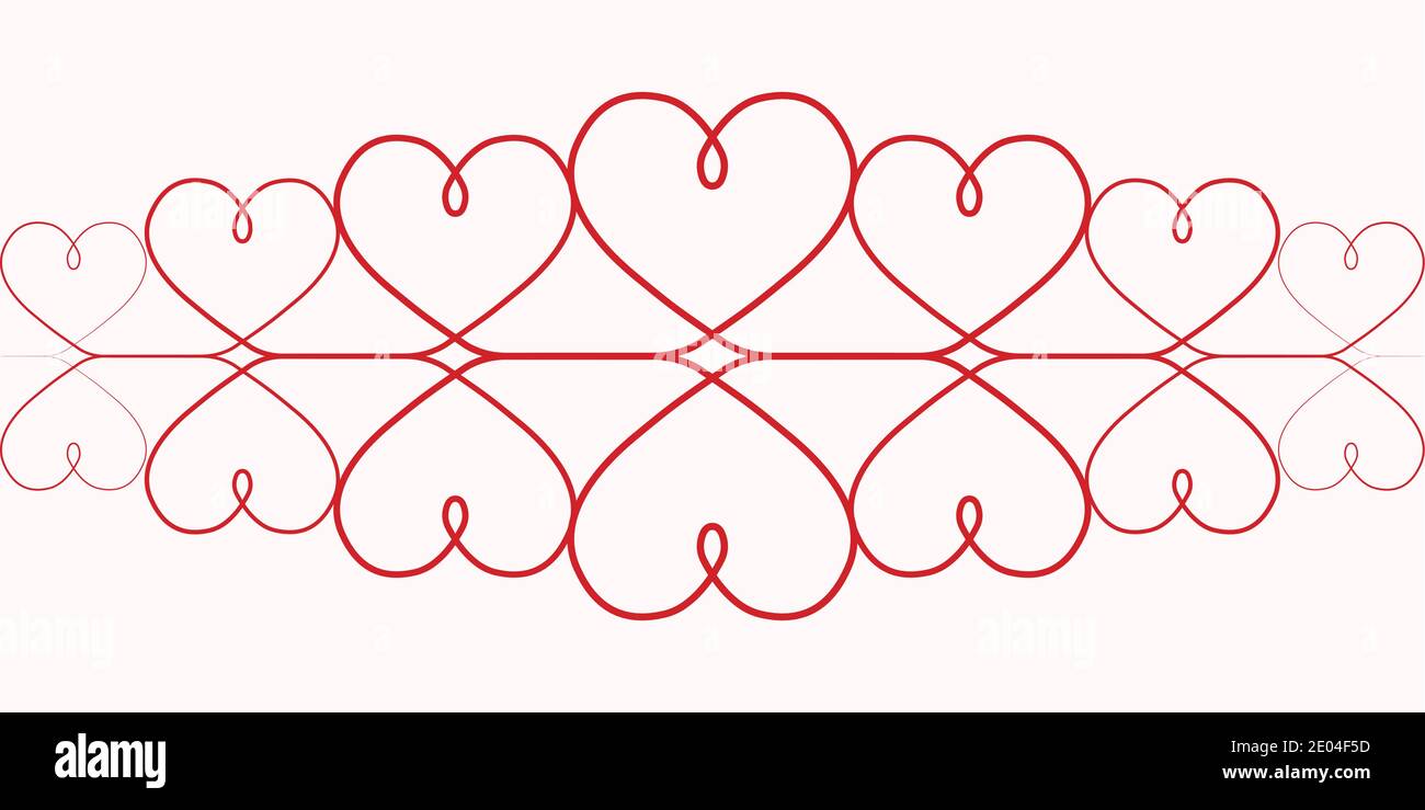 Muster Herzen für Valentinstag. Vektor One kontinuierliche Linienzeichnung von roten Herzen auf weißem Hintergrund, elegante rote Vignette, das Muster der Stock Vektor