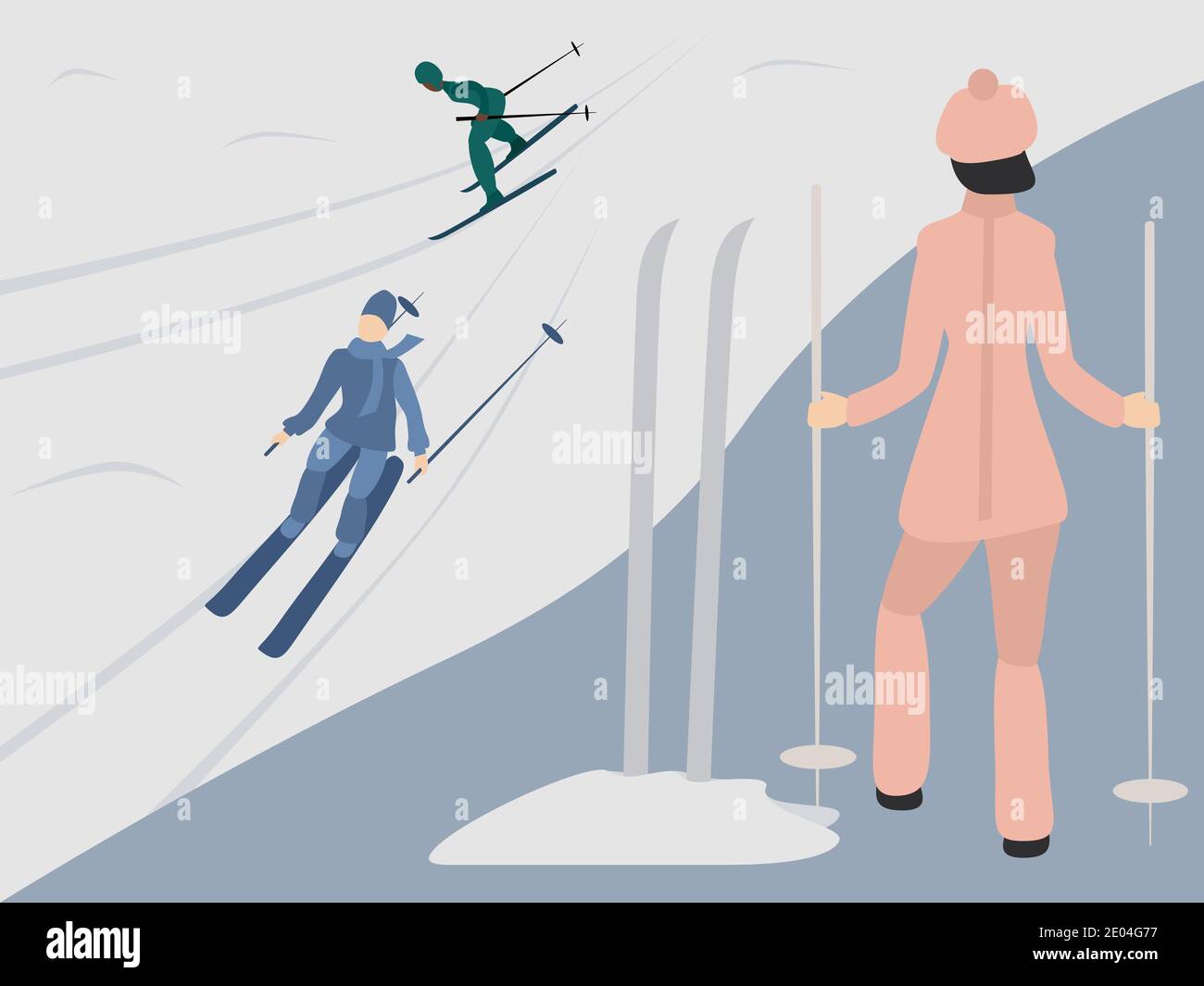 Frau, die auf einem Hügel steht und Skifahrer anschaut. Vektorgrafik für Design Stock Vektor