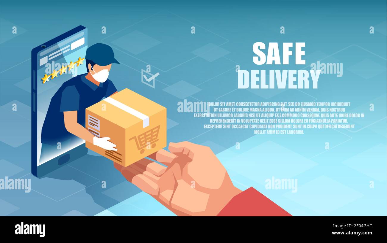 Vektor eines Lieferers in schützender Gesichtsmaske und Handschuhe, die Kunden beim Online-Shopping eine Schachtel geben Stock Vektor