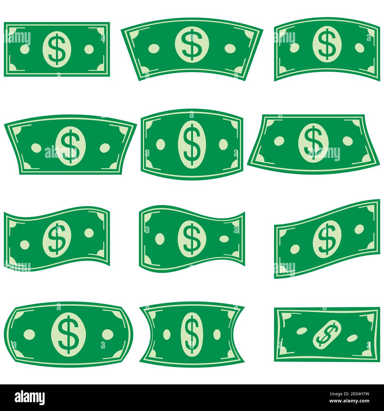 Satz von Dollar-Geldscheine, mit verschiedenen Deformationen, Vektor-Symbol-Symbole, Bill-Dollar-Zeichen gekrümmte Geldscheine Stock Vektor