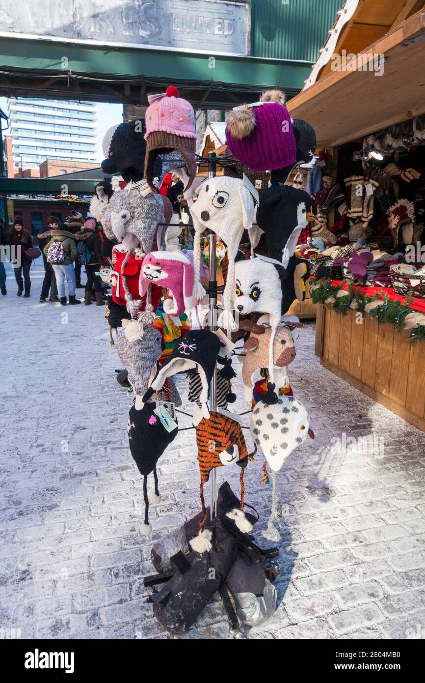 Eine Auswahl von amüsanten Tierhüten in einem Weihnachtsmarkt im Freien in Toronto, Ontario, Kanada Stockfoto