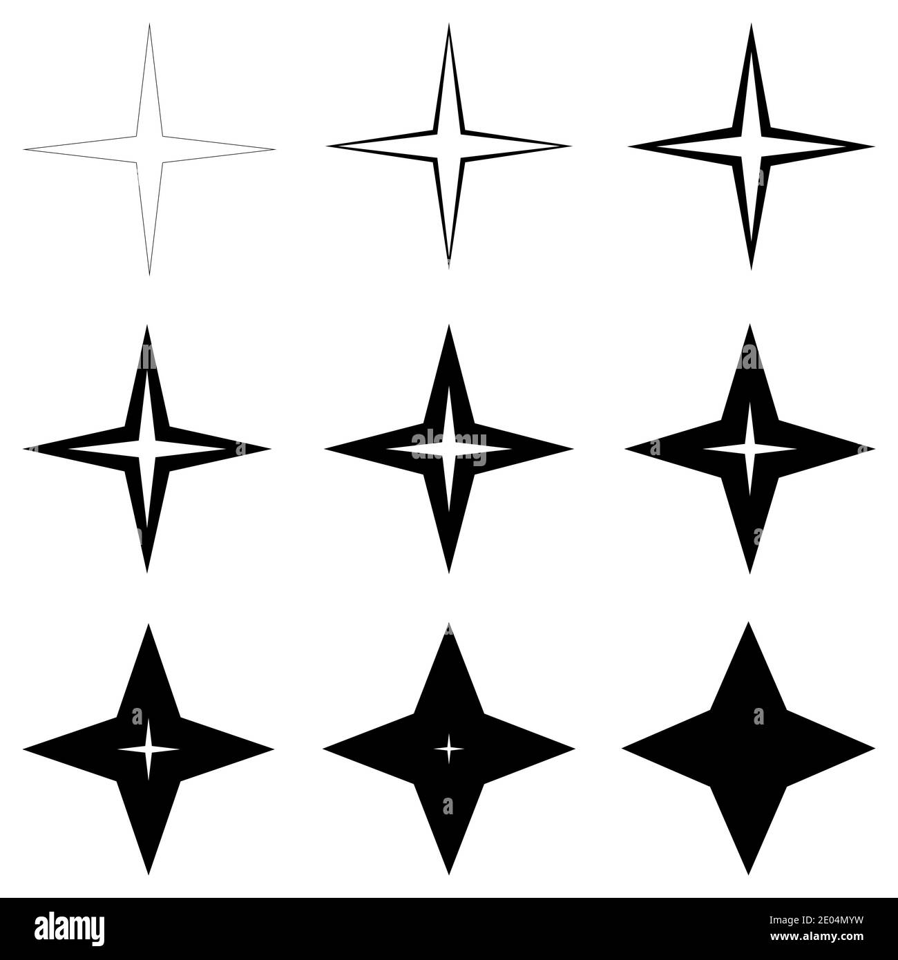 Set Sterne mit unterschiedlicher Dicke der Umrissformen, Vektor dünne und dicke Sterne, Glitzer blinken Stock Vektor
