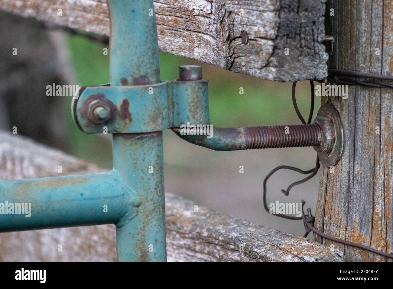 Nahaufnahme von alten Holzzaun und Tor auf der Weide. Hochwertige Fotos Stockfoto