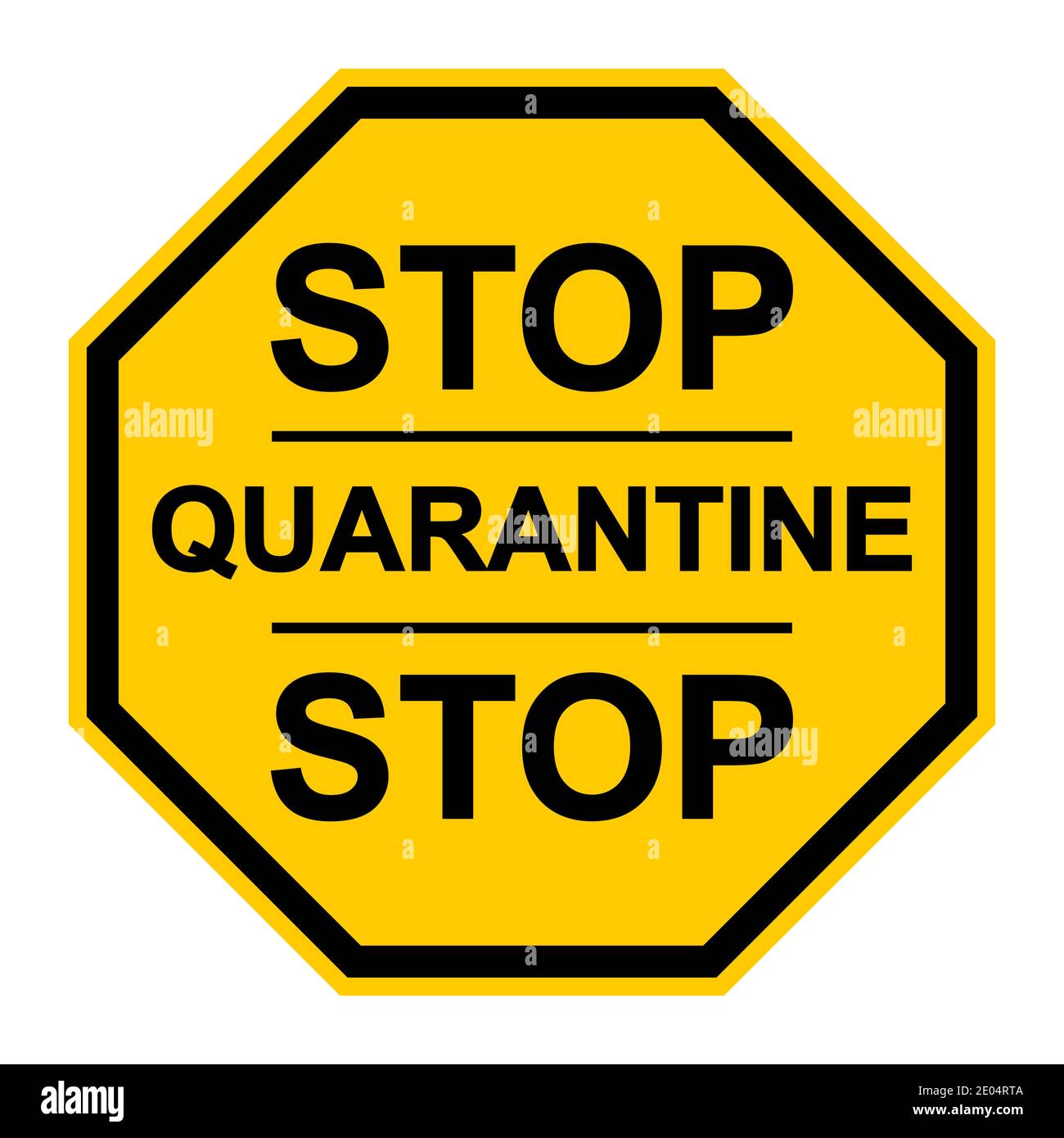 Gelbe Stop-Zeichen Quarantäne Vektor-Seite Zeichen Warnung über die Quarantänezone Coronavirus COVID, stoppen Sie die Bewegung der infizierten Personen Stock Vektor