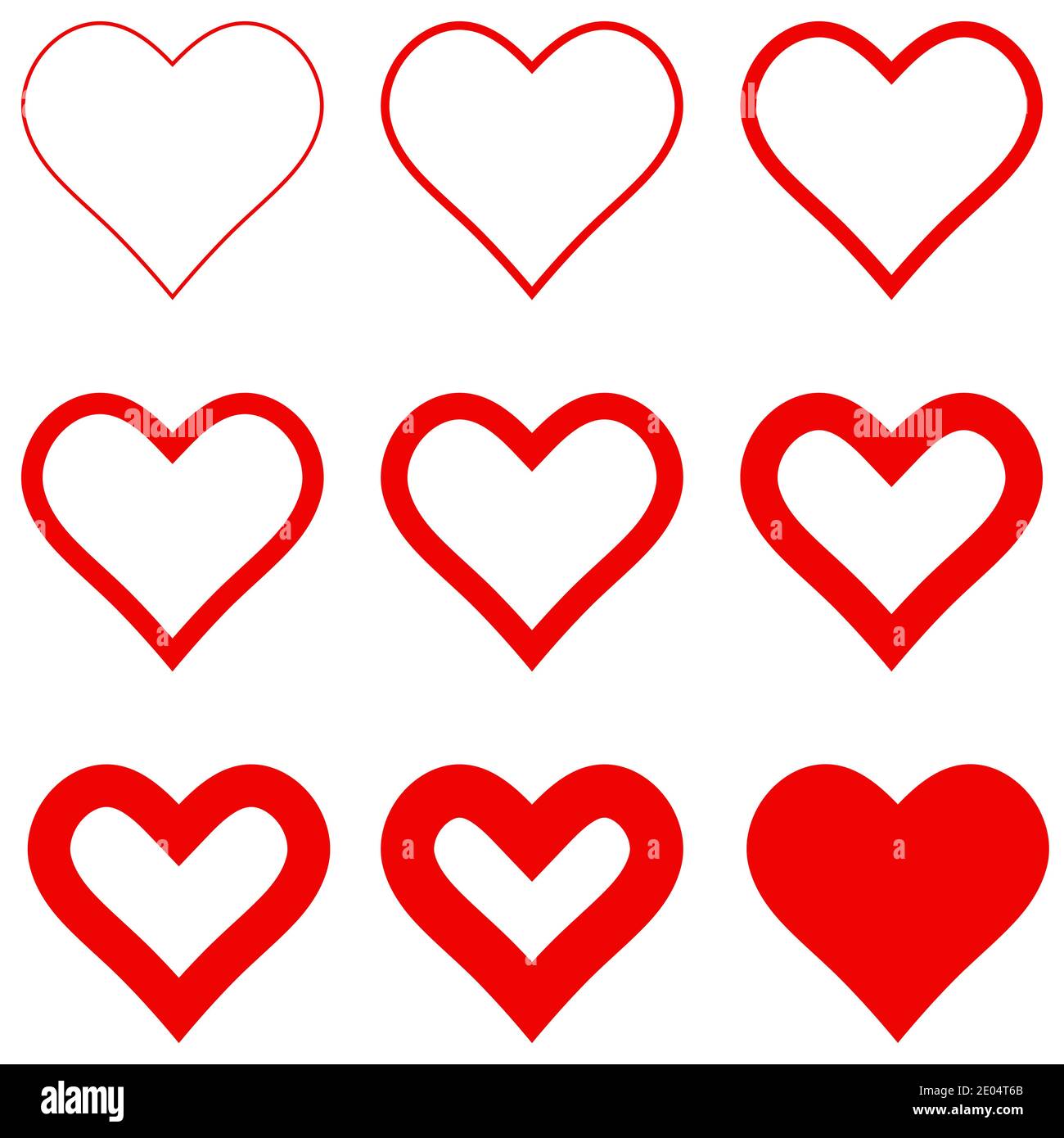 Set rote Herzen mit verschiedenen Strichstärke, Vektor-Symbol-Logo dünne und dicke Herzen Zeichen Liebe Symbol für Valentinstag Stock Vektor