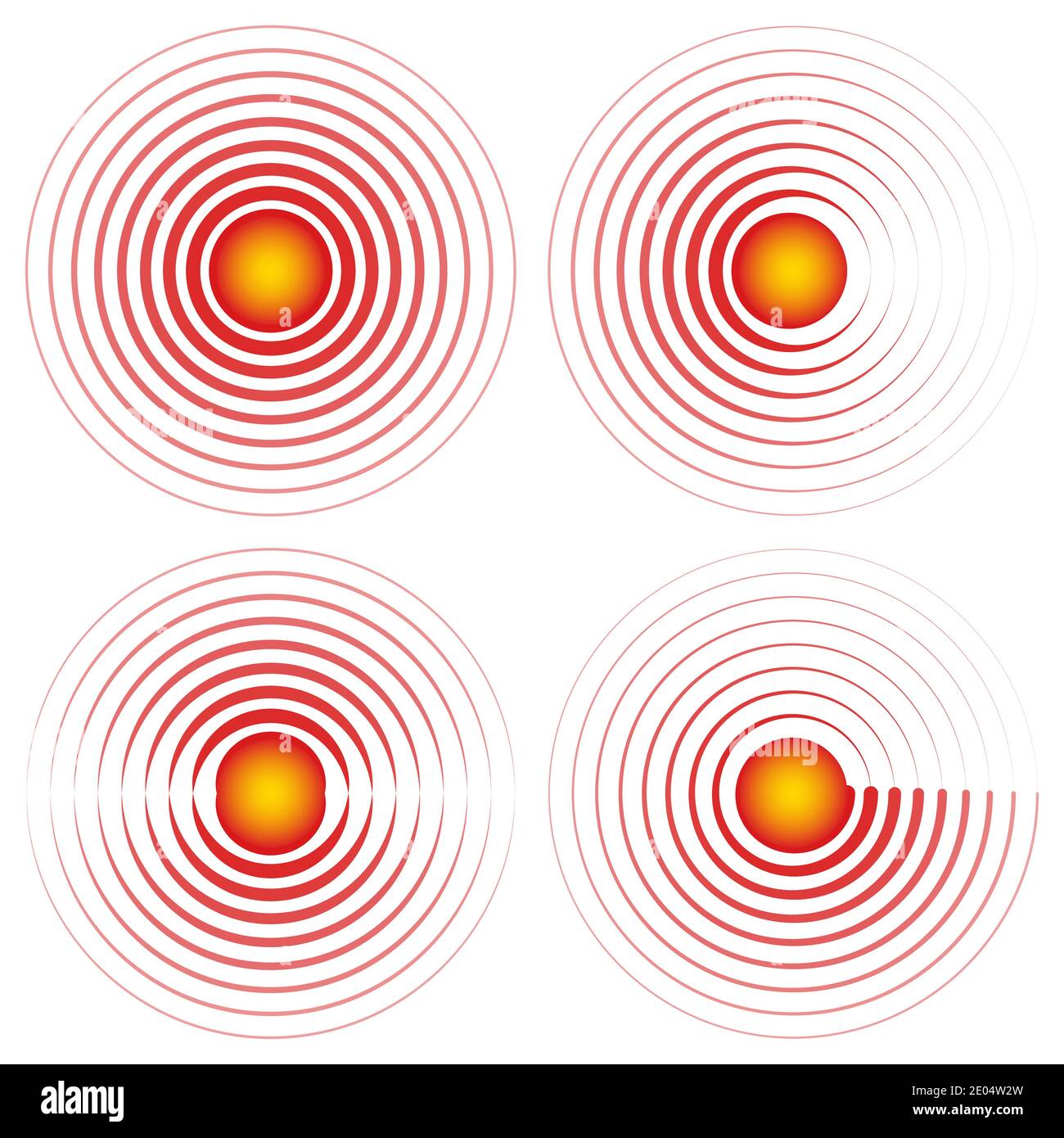 Zeichen Symbol Epizentrum Schmerzen Lokalisierungsvektor rote Kreise mit gelben Zentrum Symbol Halsschmerzen Gelenke, Wunde Stelle oder gequetscht Körperteil Marke Stock Vektor