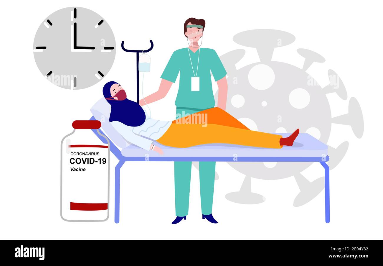 Patient auf dem Bett Infuse Front Arzt Sanitäter Flasche Corona Virus Impfuhr mit flacher Form Stock Vektor