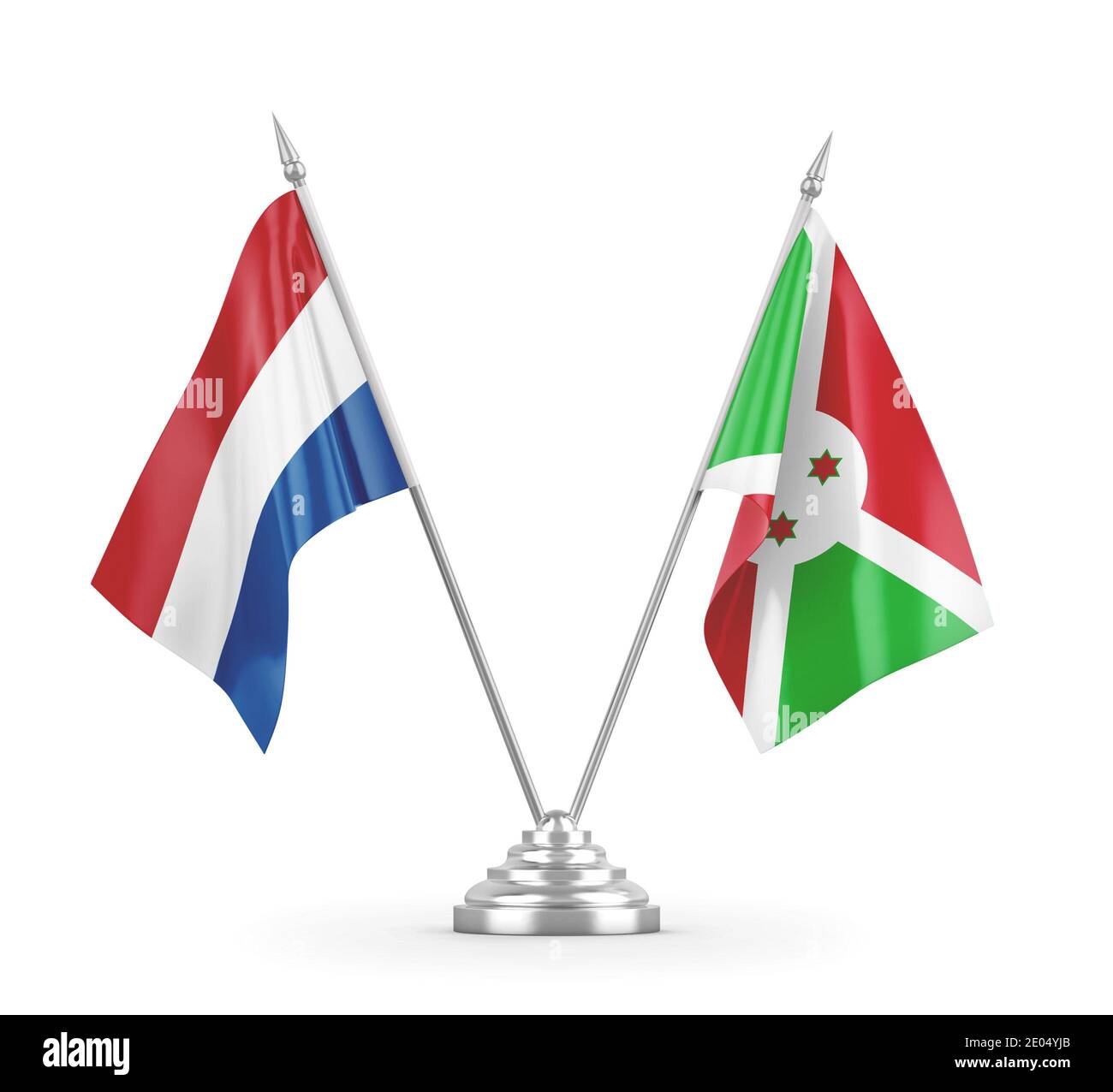 Burundi und Niederlande Tischflags isoliert auf weißem 3D-Rendering Stockfoto