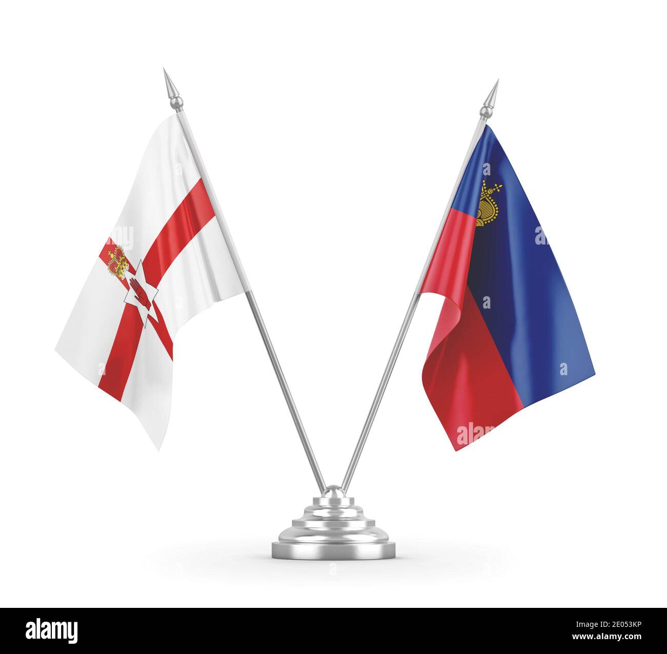 Liechtenstein und Nordirland Tischflaggen isoliert auf weißem 3D Rendering Stockfoto
