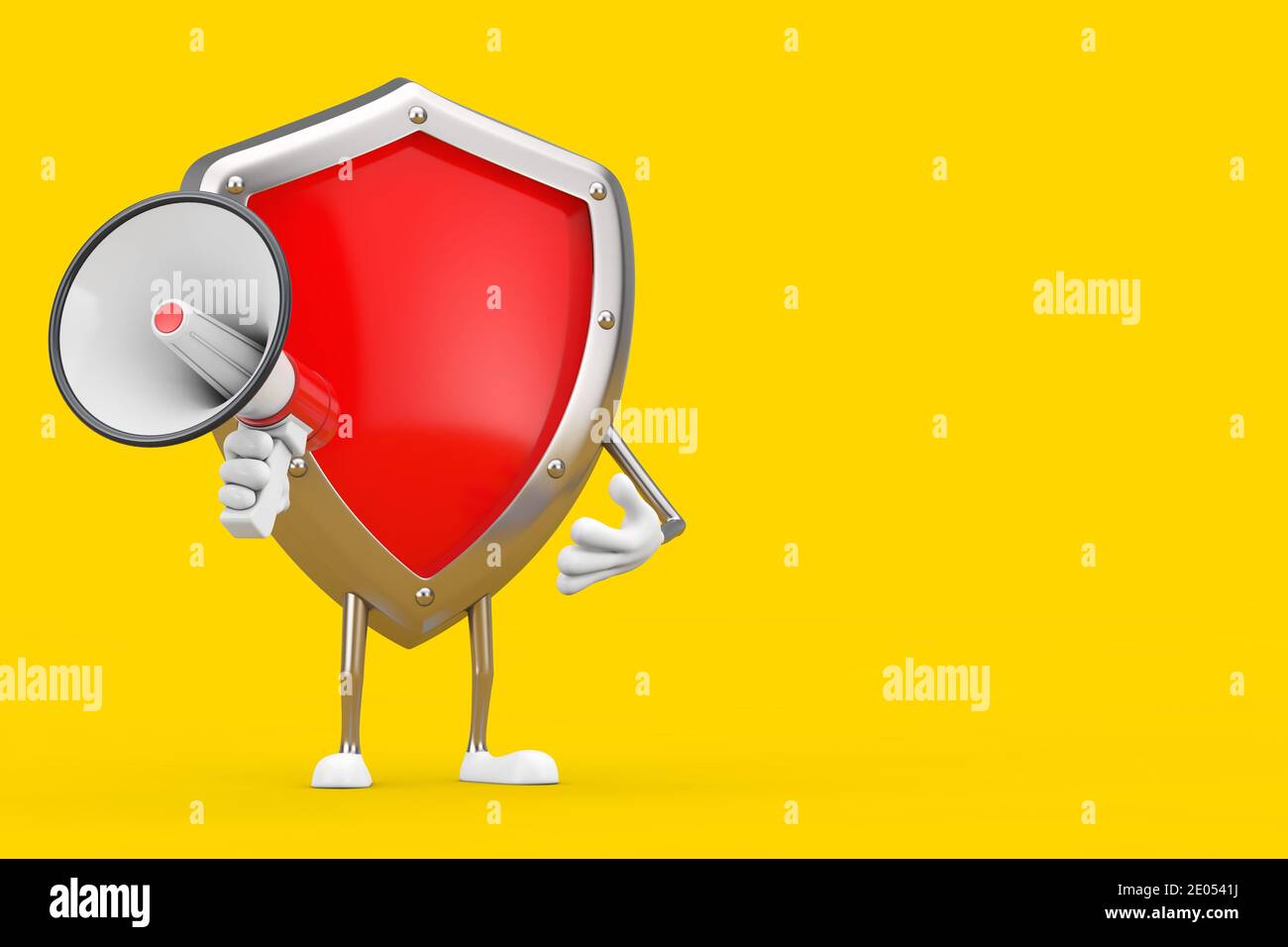 Rotes Metall Schutzschild Zeichen Maskottchen mit roten Retro Megaphon auf einem gelben Hintergrund. 3d-Rendering Stockfoto