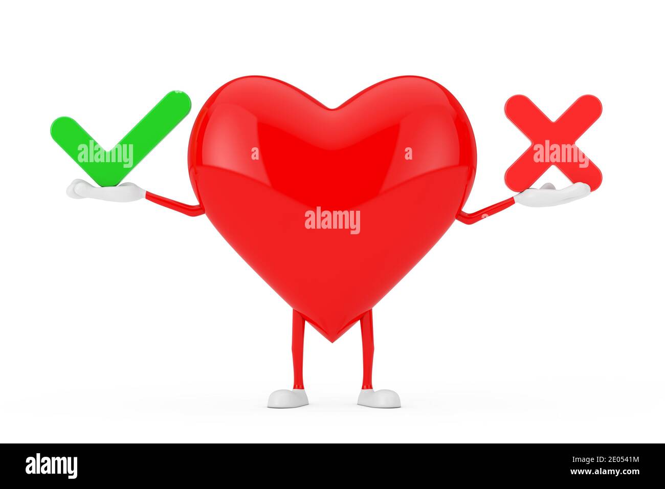 Rotes Herz Zeichen Maskottchen mit rotem Kreuz und grünem Häkchen, bestätigen oder verweigern, Ja oder Nein Symbol Zeichen auf weißem Hintergrund. 3d-Rendering Stockfoto