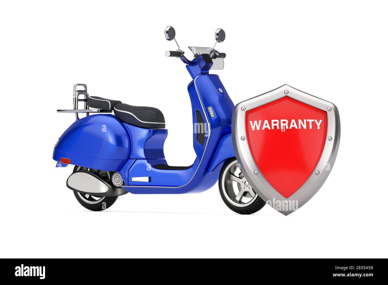 Blue Classic Vintage Retro oder Elektroroller mit rotem Metallschutz Garantieschild auf weißem Hintergrund. 3d-Rendering Stockfoto