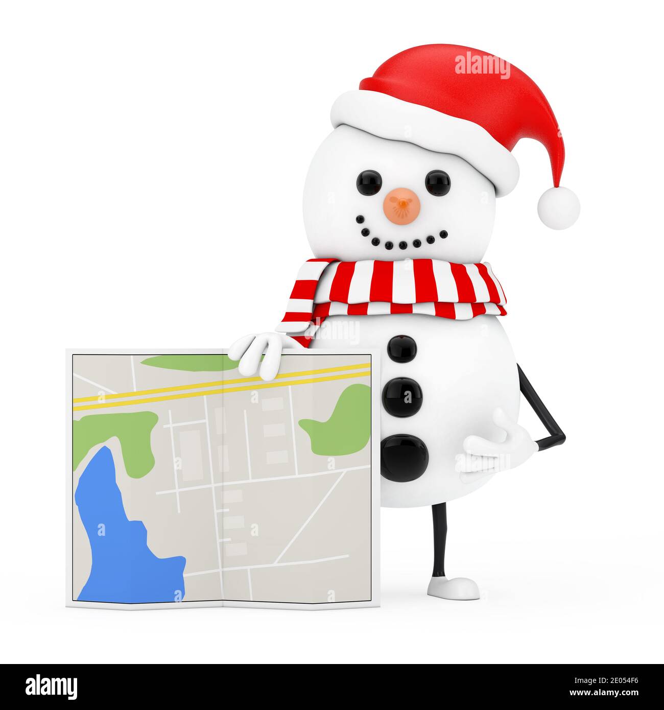 Schneemann in Weihnachtsmann Hut Figur Maskottchen mit abstrakten Stadtplan Karte auf weißem Hintergrund. 3d-Rendering Stockfoto