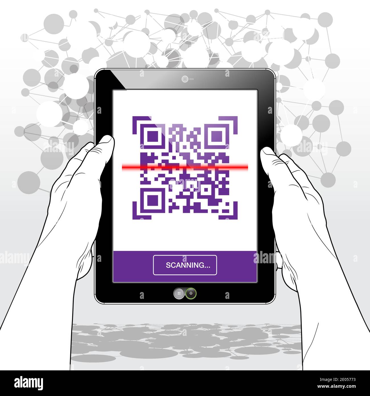 Ein Tablet-PC, der den Scanvorgang eines QR-Code-Etiketts darstellt. Stock Vektor