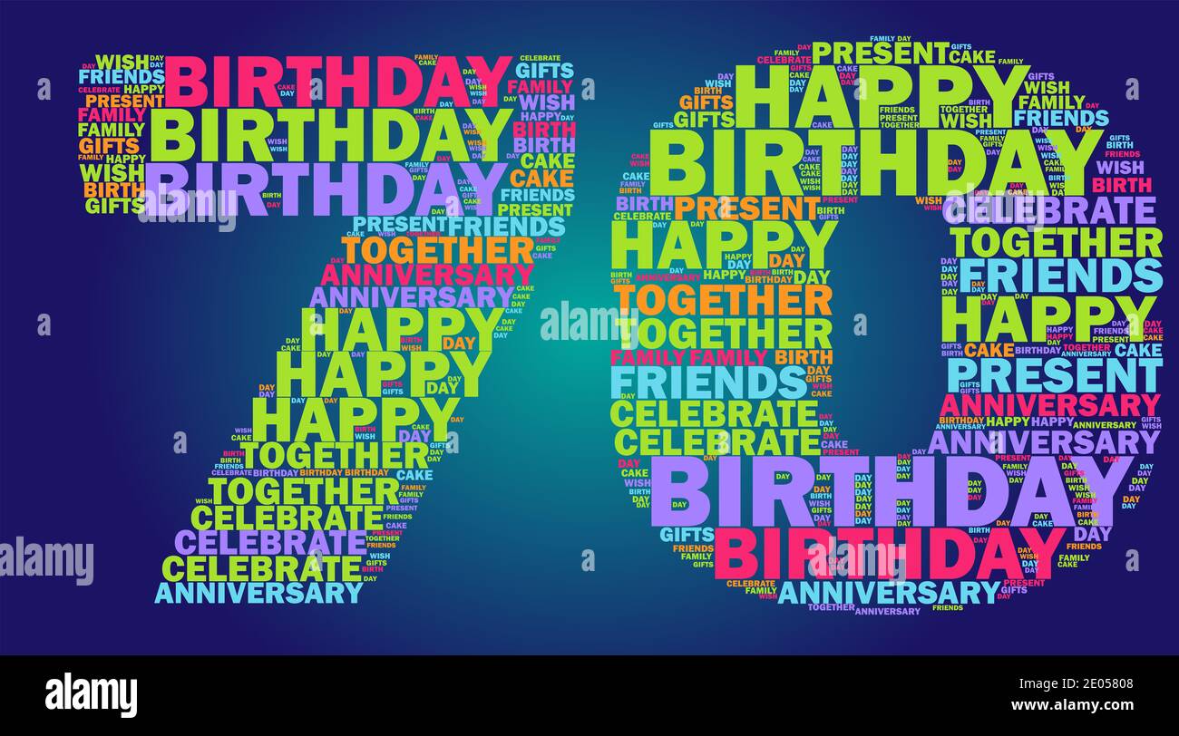 Happy 70. Geburtstag Wort Wolke bunte Konzept Stockfoto