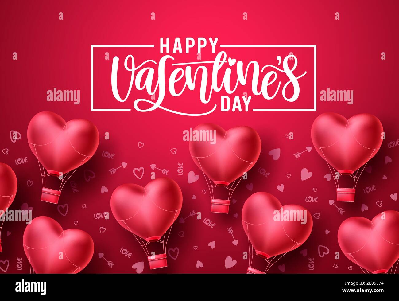 Glücklich Valentinstag Herz Ballons Vektor Hintergrund-Design. Valentinstag Grußtext mit fliegenden Herzen Luftballon Elemente in rot Muster Stock Vektor