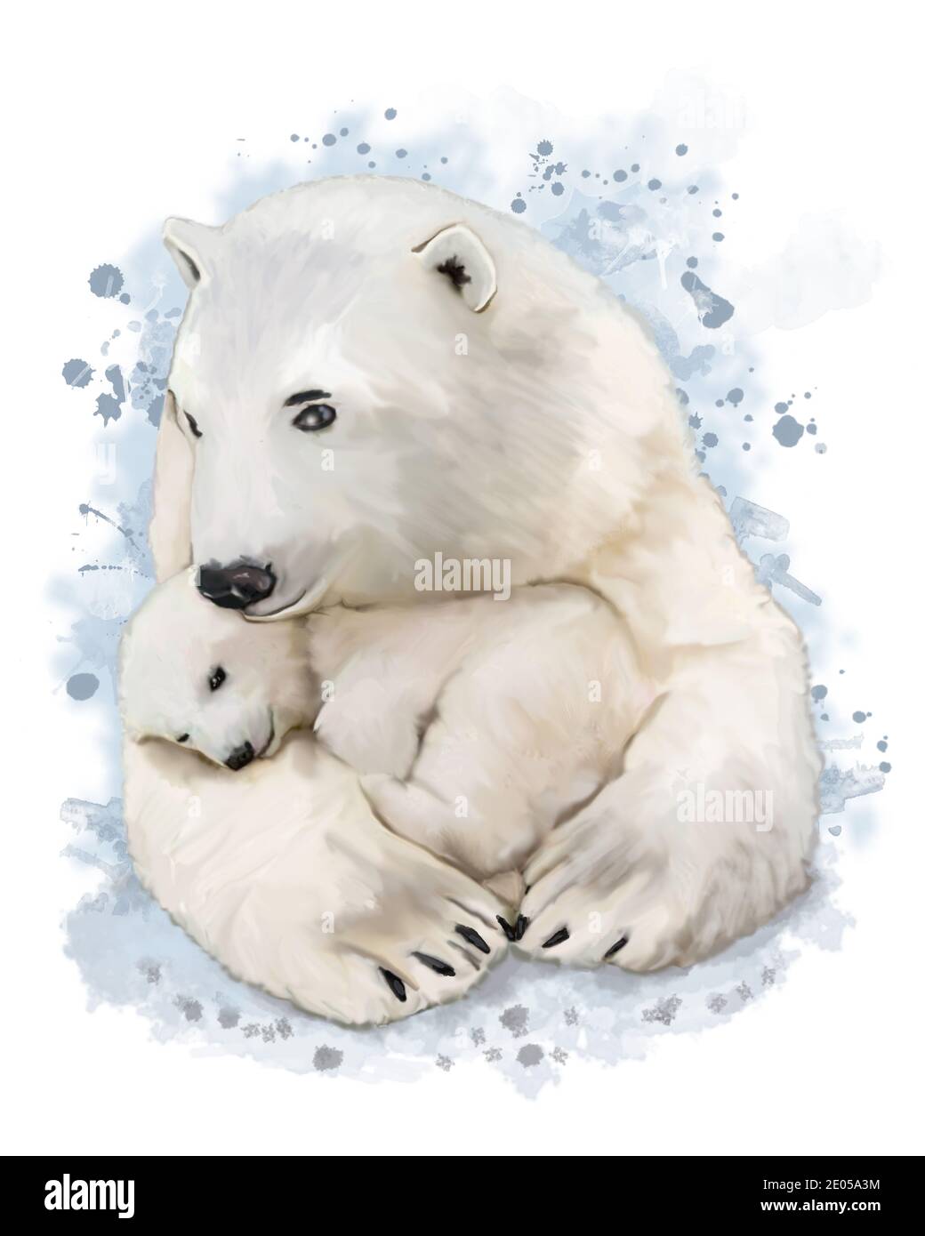 Ein Eisbär kuschelt ihr Junges. Aquarellmalerei. Stockfoto