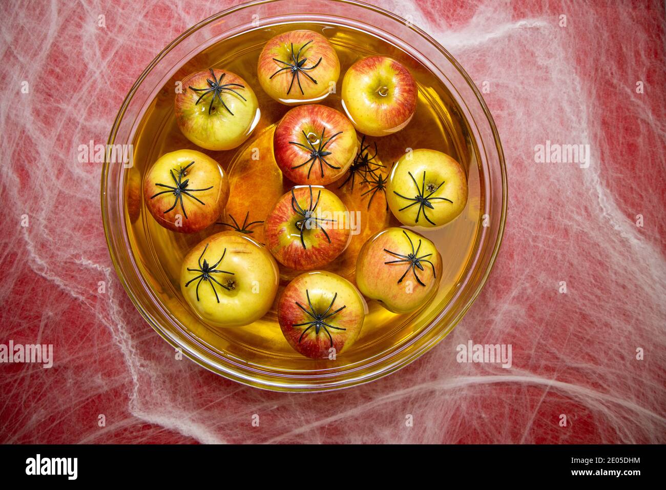 Ein Halloween Apfel Bobbing Spiel auf einem gespenstischen Spinnennetz geschichteten roten halloween Dekoration Tisch, zeigt die Äpfel mit Spinnen darauf Stockfoto