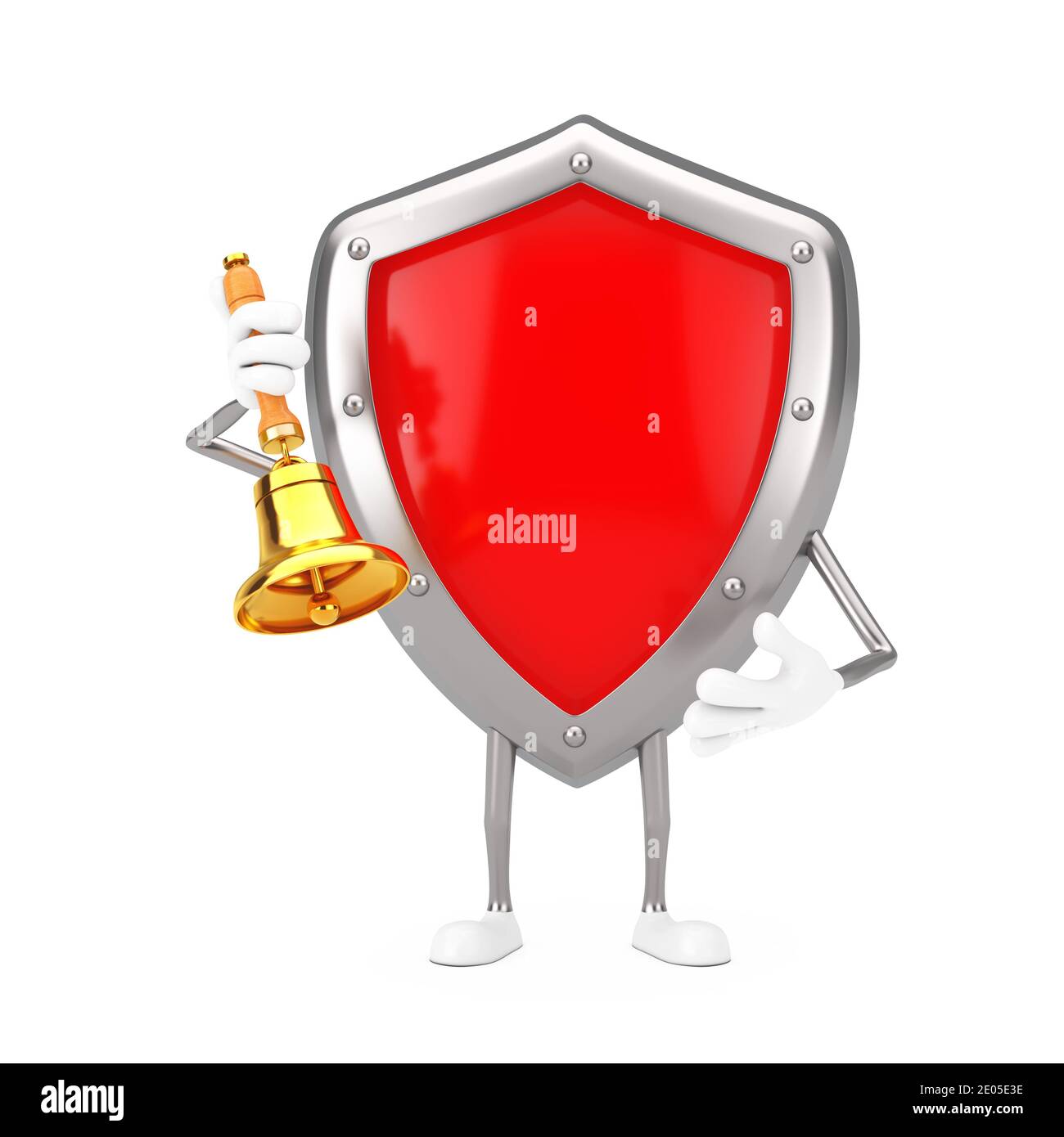 Rotes Metall Schutzschild Zeichen Maskottchen mit Vintage Golden School Bell auf weißem Hintergrund. 3d-Rendering Stockfoto