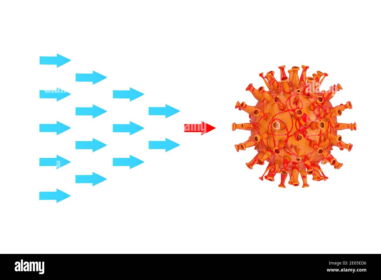 Reihe blauer Pfeile mit einem roten als Anti-Virus-Impfstoff Angriff 2019-nCoV Coronavirus Virus auf weißem Hintergrund. 3d-Rendering Stockfoto