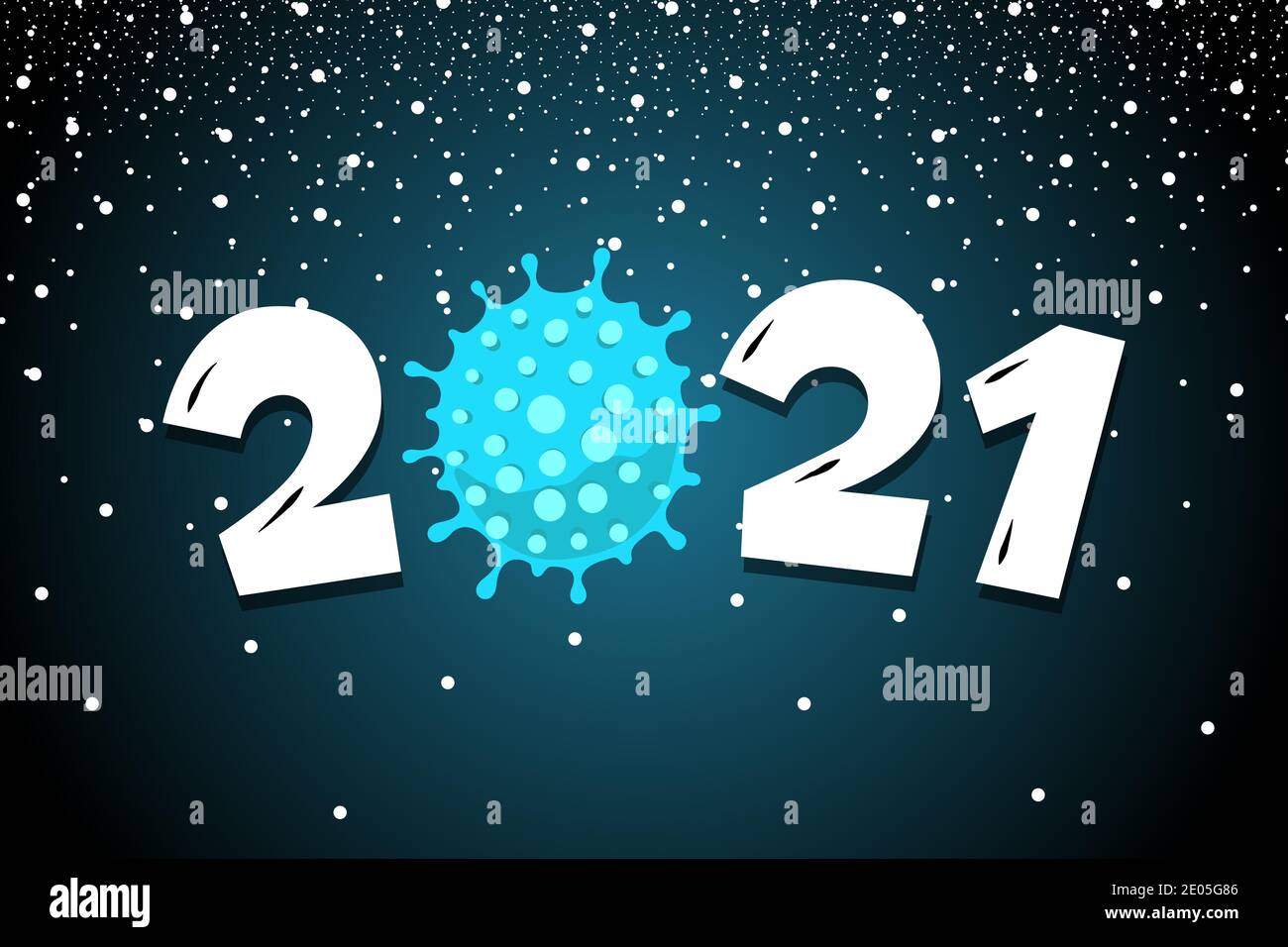 Happy New Year 2021 Nummer mit Coronavirus COVID-19 Epidemien-Symbol auf verschneiten Nachthintergrund. Urlaub Grußkarte mit Schnee und Virus Pandemie Vektor eps Illustration Design Vorlage Stock Vektor