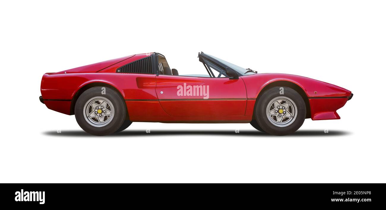 Klassischer italienischer roter Sportwagen, isoliert auf weißem Hintergrund Stockfoto