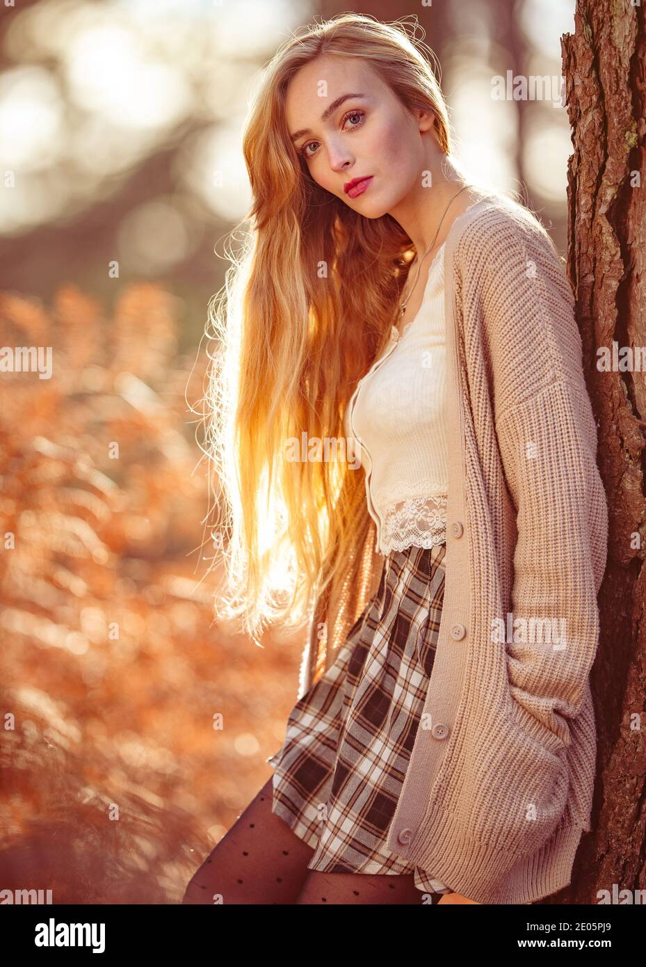 Eine junge natürlich schöne Frau mit langen blonden Haaren trägt eine Strickjacke in einem redaktionellen Mode Bild im Wald mit herbstlichen Orange Farben aufgenommen. Stockfoto