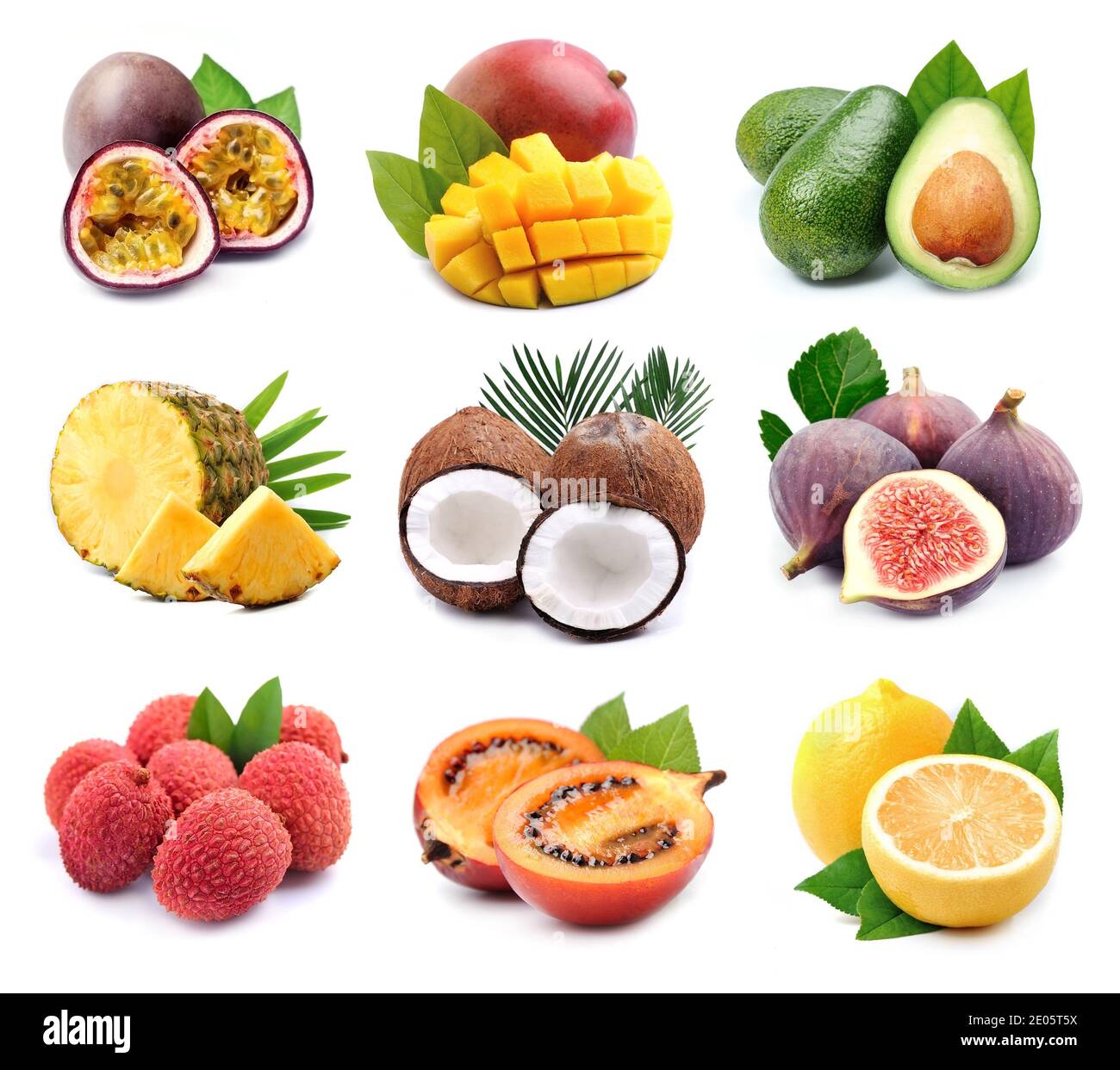 Collage aus exotischen Früchten isoliert auf weißem Hintergrund. Kokos, Feigen, Avacodo, Ananas, Litschi, Zitrone, Tamarillo, Mango Stockfoto