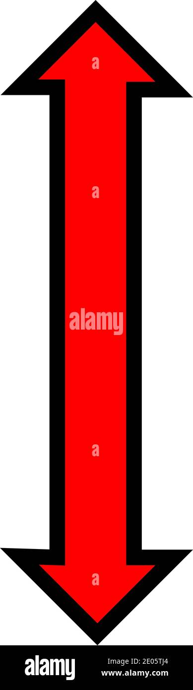 Ein vertikaler roter Pfeil mit einem dicken schwarzen Rand pinkelt nach oben und unten. Stockfoto
