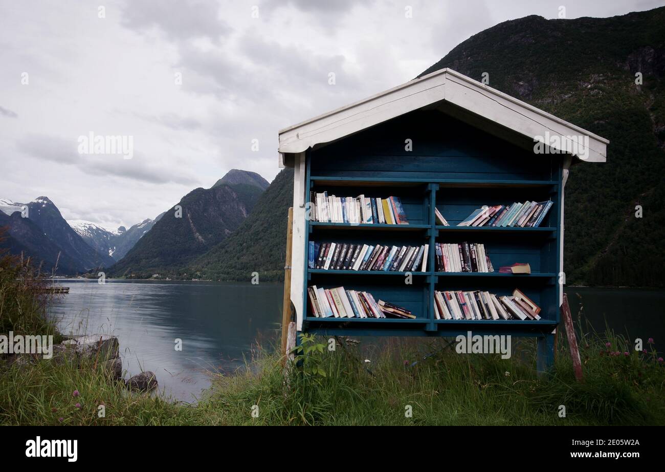 Bücherregal am Fjordsee in norwegen, eine Pause einlegen und Bücher lesen Stockfoto