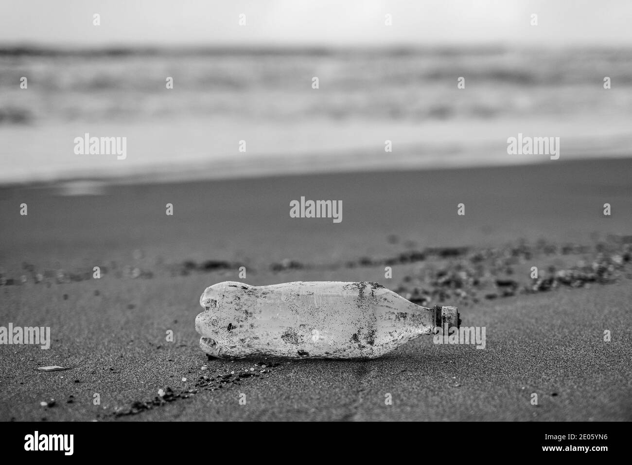 Schwarz-Weiß-Ansicht des Plastikflaschenabfalls auf dem Band Meeresküsten-Ökosystem, Konzept der Umweltverschmutzung Stockfoto