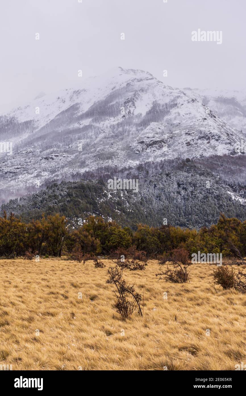 Schneebedeckte Anden im Nationalpark Los Alerces während der Wintersaison, Patagonien, Argentinien Stockfoto
