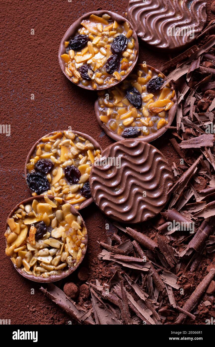 Schokolade, Nüsse und Rosinen Dessert auf Kakao und dunkle Schokolade Flocken Hintergrund Stockfoto