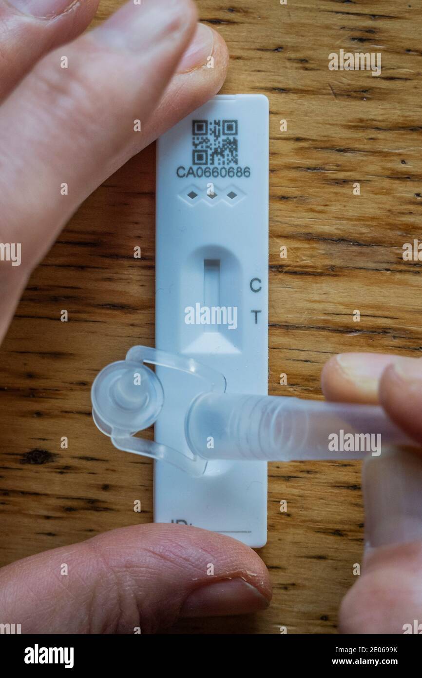 London, Großbritannien. Dezember 2020, 30. Ein SARS-Cov-2 Antigen (Lateral Flow) Test von Innova - es sucht nach Proteinen auf der Oberfläche des Virus, um das Vorhandensein des Erregers zu ermitteln. Es erfordert einen Tupfer von der Rückseite der Nase und des Rachens - oft als Schnelltests bezeichnet, die sie arbeiten, indem sie die Probe mit einer Lösung mischen, die spezifische virale Proteine freisetzt. Das wird dann auf einen Papierstreifen aufgetragen, der einen maßgeschneiderten Antikörper enthält, der optimiert ist, um diese Proteine zu binden, wenn sie vorhanden sind. Das Ergebnis wird als Band auf dem Papierstreifen reflektiert und ist in bis zu 30 Minuten erledigt. Kredit: Guy Bell/Alamy Live Nachrichten Stockfoto