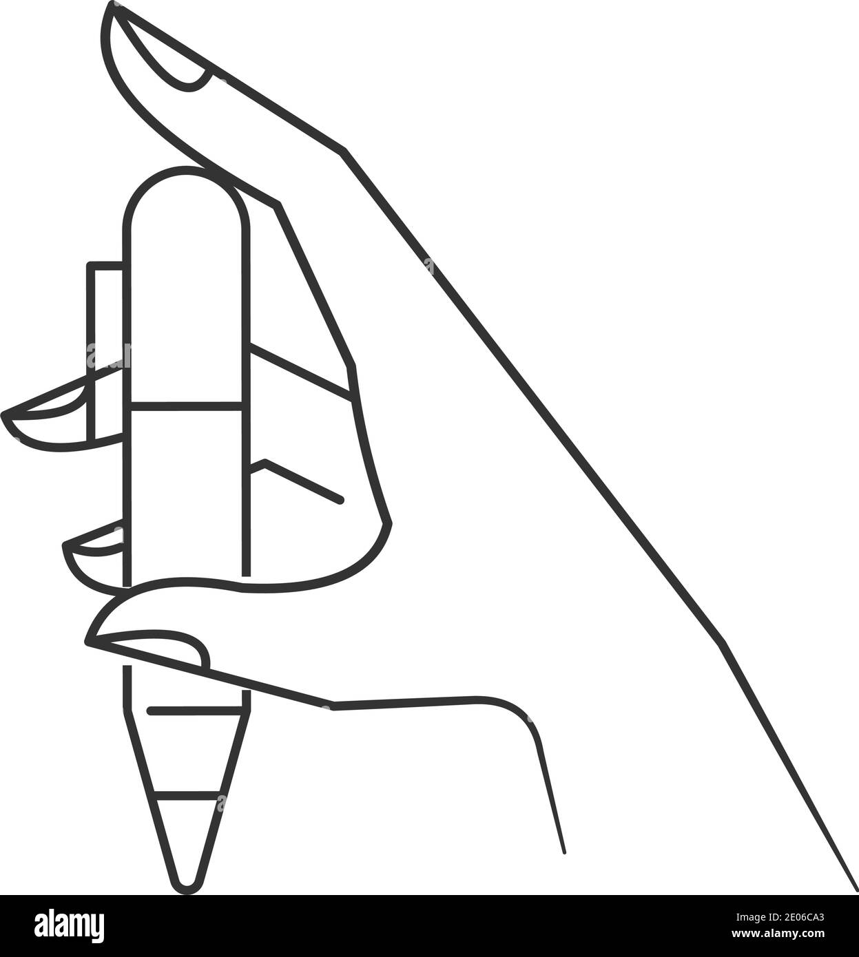 Die Hand hält einen Stift. Skizzieren Sie die flache Abbildung mit dünnen Linien. Isoliert auf weißem Hintergrund. Stock Vektor