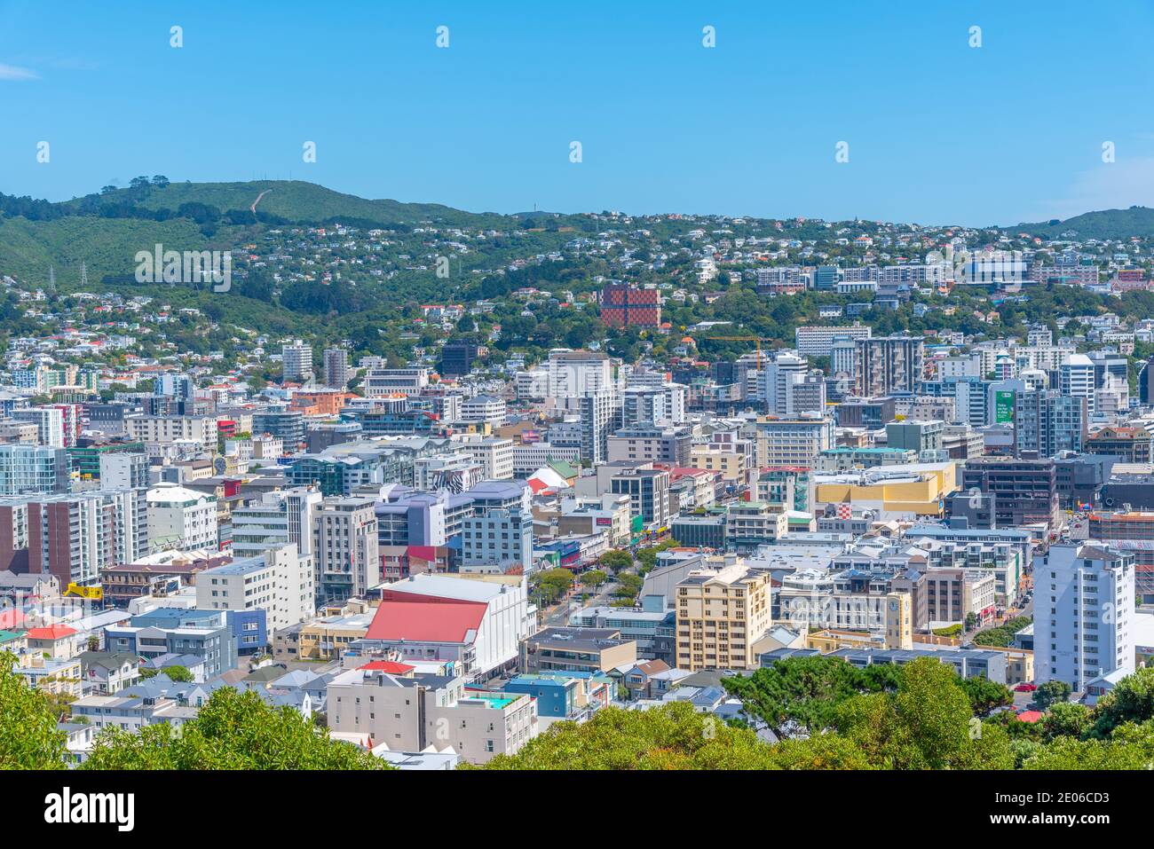 WELLINGTON, NEUSEELAND, 9. FEBRUAR 2020: Luftaufnahme der Innenstadt von Wellington, Neuseeland Stockfoto