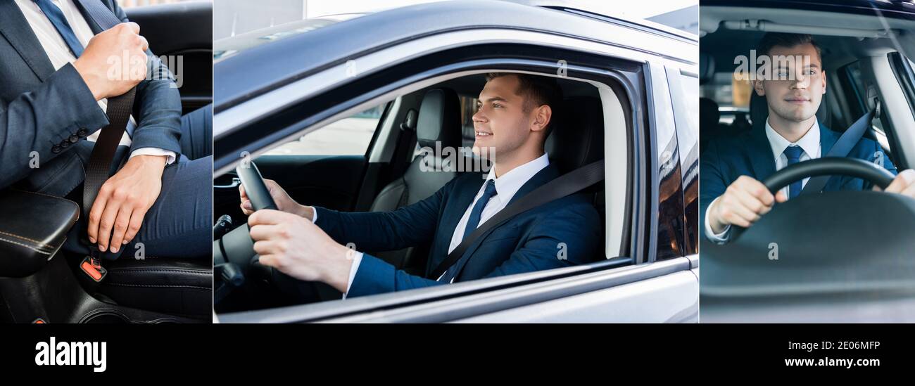 Collage von lächelnden Geschäftsmann fahren Auto und Verriegelung Sicherheitsgurt, Banner Stockfoto