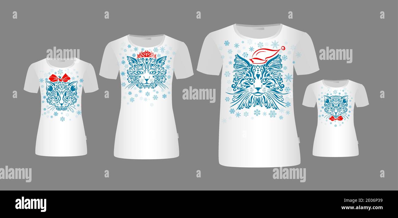 Katze auf weißem Hintergrund. Familie der Katzen. T-Shirt-Druck. Familienlook. Stock Vektor