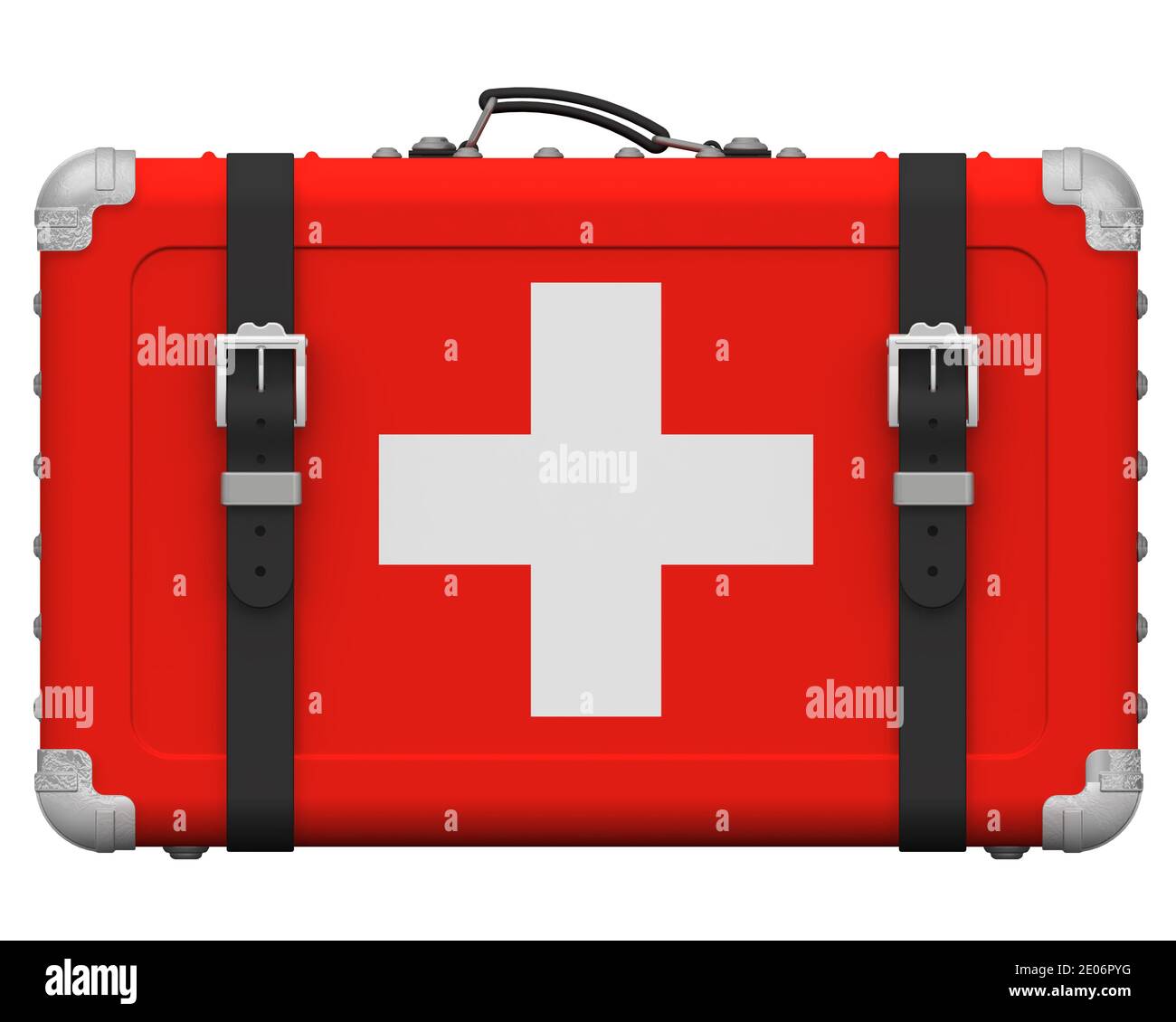 Stilvoller Koffer mit der Nationalflagge der Schweiz. Retro Koffer mit der Nationalflagge der Schweizerischen Eidgenossenschaft steht auf einer weißen Fläche Stockfoto