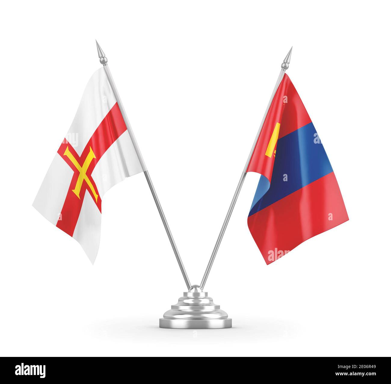 Mongolei und Guernsey Tischflaggen isoliert auf weißem Hintergrund 3D Rendering Stockfoto