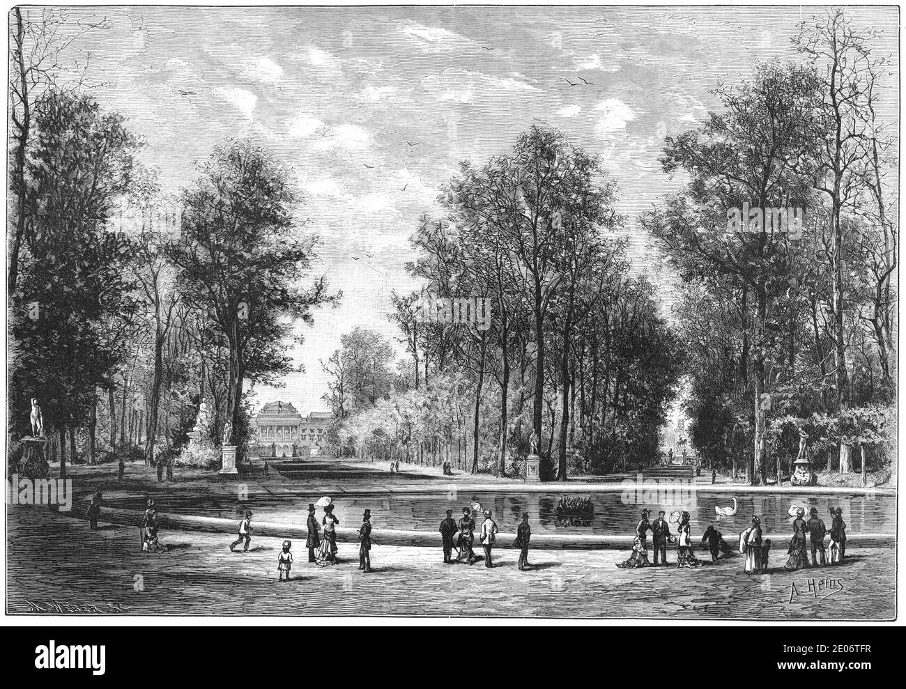 Le Grand bassin du Parc de Bruxelles en 1880. Stockfoto