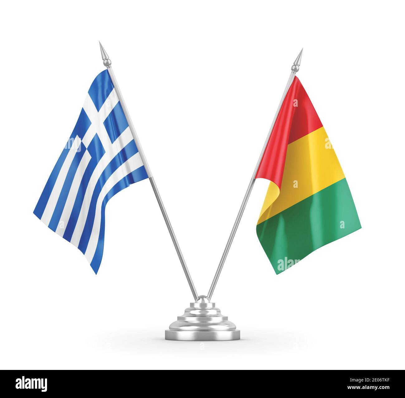 Guinea und Griechenland Tischflaggen isoliert auf weißem Hintergrund 3D Rendering Stockfoto