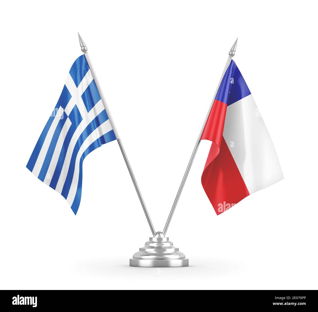 Chile und Griechenland Tischflaggen isoliert auf weißem Hintergrund 3D Rendering Stockfoto
