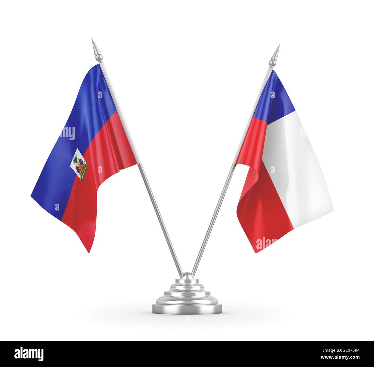 Chile und Haiti Tischflaggen isoliert auf weißem Hintergrund 3D Rendering Stockfoto